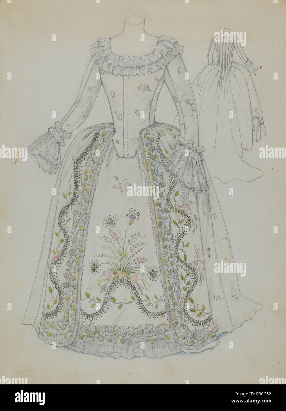 Dress. Dated: c. 1936. Dimensions: overall: 30.5 x 23 cm (12 x 9 1/16 in.)  Original IAD Object: 65' long. Medium: watercolor, graphite, and gouache on paper. Museum: National Gallery of Art, Washington DC. Author: Jessie M. Benge. Stock Photo
