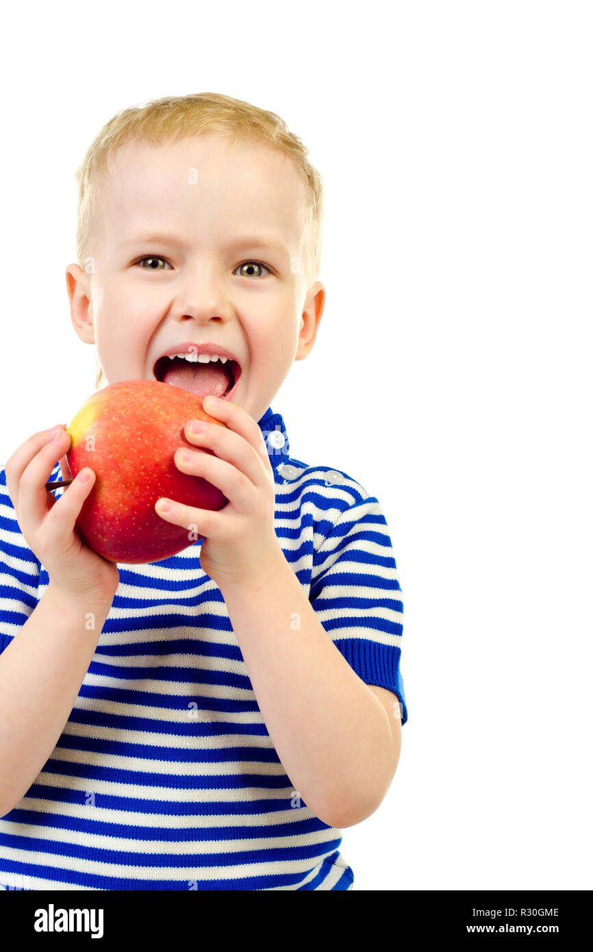 little boy with apple isolated on a white background Stock Photo