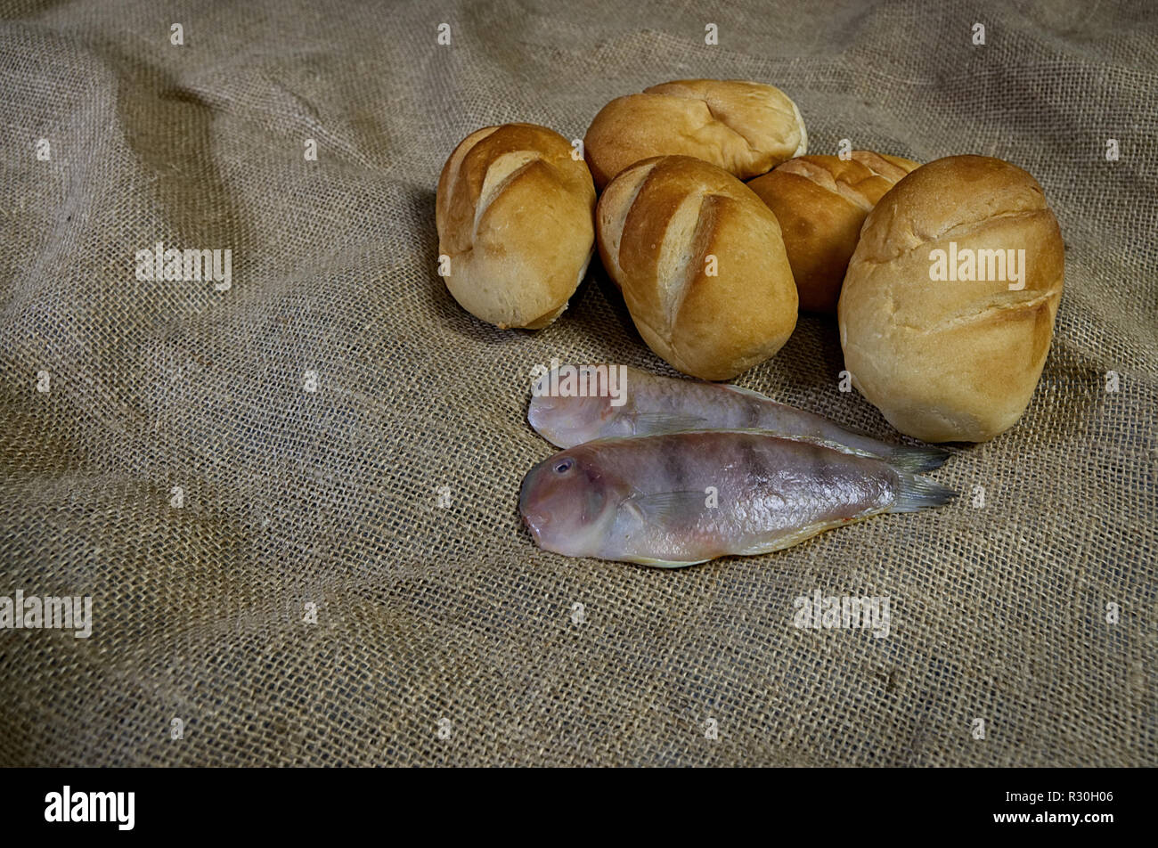 2 fish and 5 loaves Stock Photo