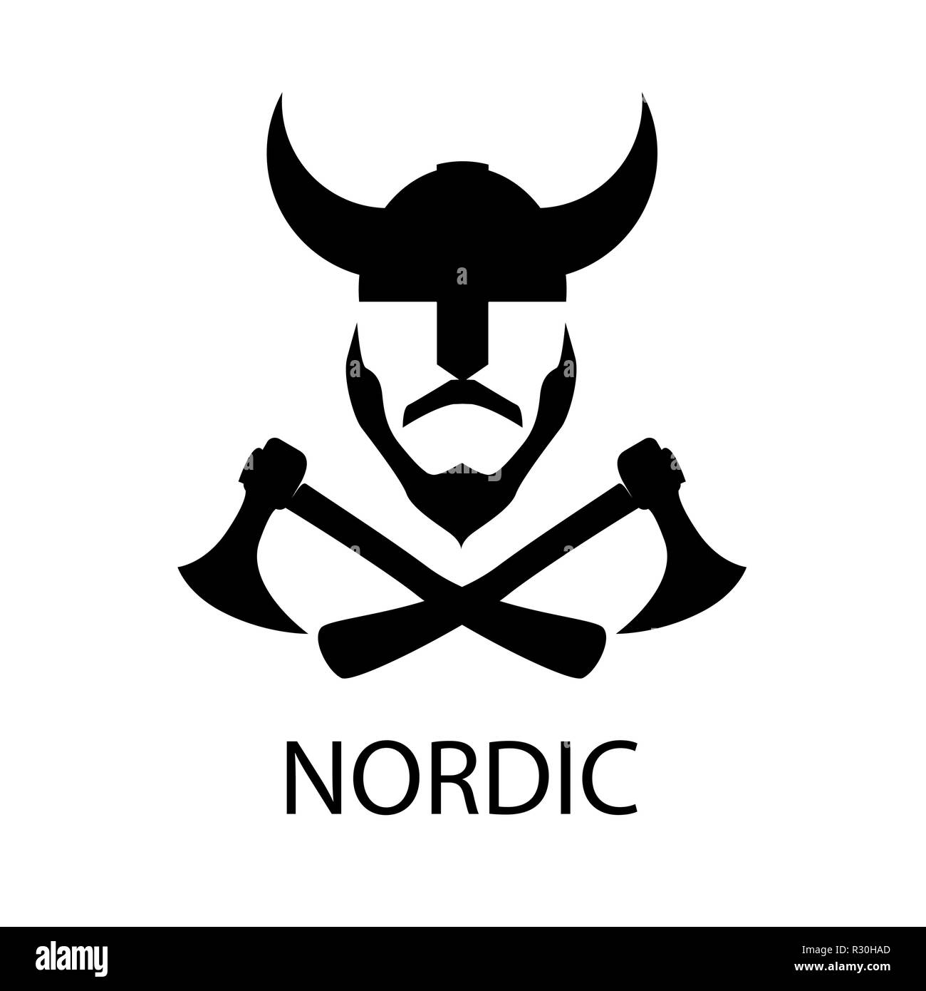 Viking in a horned helmet with crossed axes - Silhouette of scandinavian medieval ancient warrior. Stock Vector