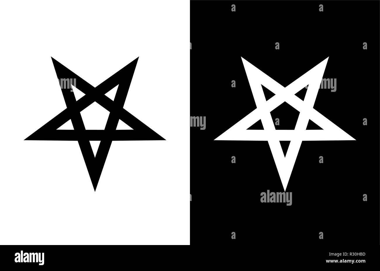 Vector emblem of Satan Pentagram Star on white and black background. Stock Vector