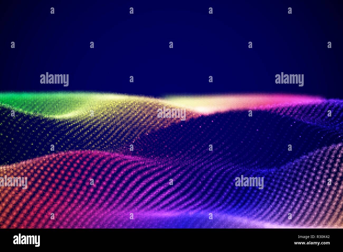 Abstract digital landscape or soundwaves with flowing particles Stock ...