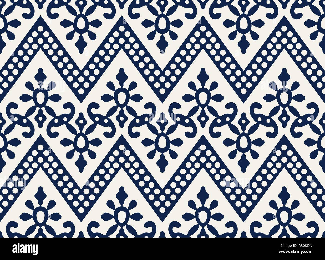 Woodblock Printed Indigo Dye Seamless Ethnic Floral Geometric Pattern Traditional Oriental Ornament Of India Kashmir With Chevron Motif Navy Blue Stock Vector Image Art Alamy
