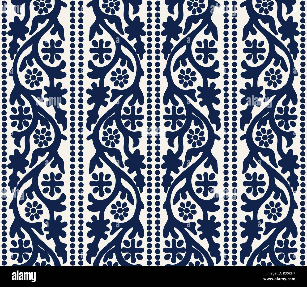 Woodblock printed indigo dye seamless ethnic floral pattern. Traditional oriental ornament of India Kashmir, flowers vertical waves and dots, navy Stock Vector