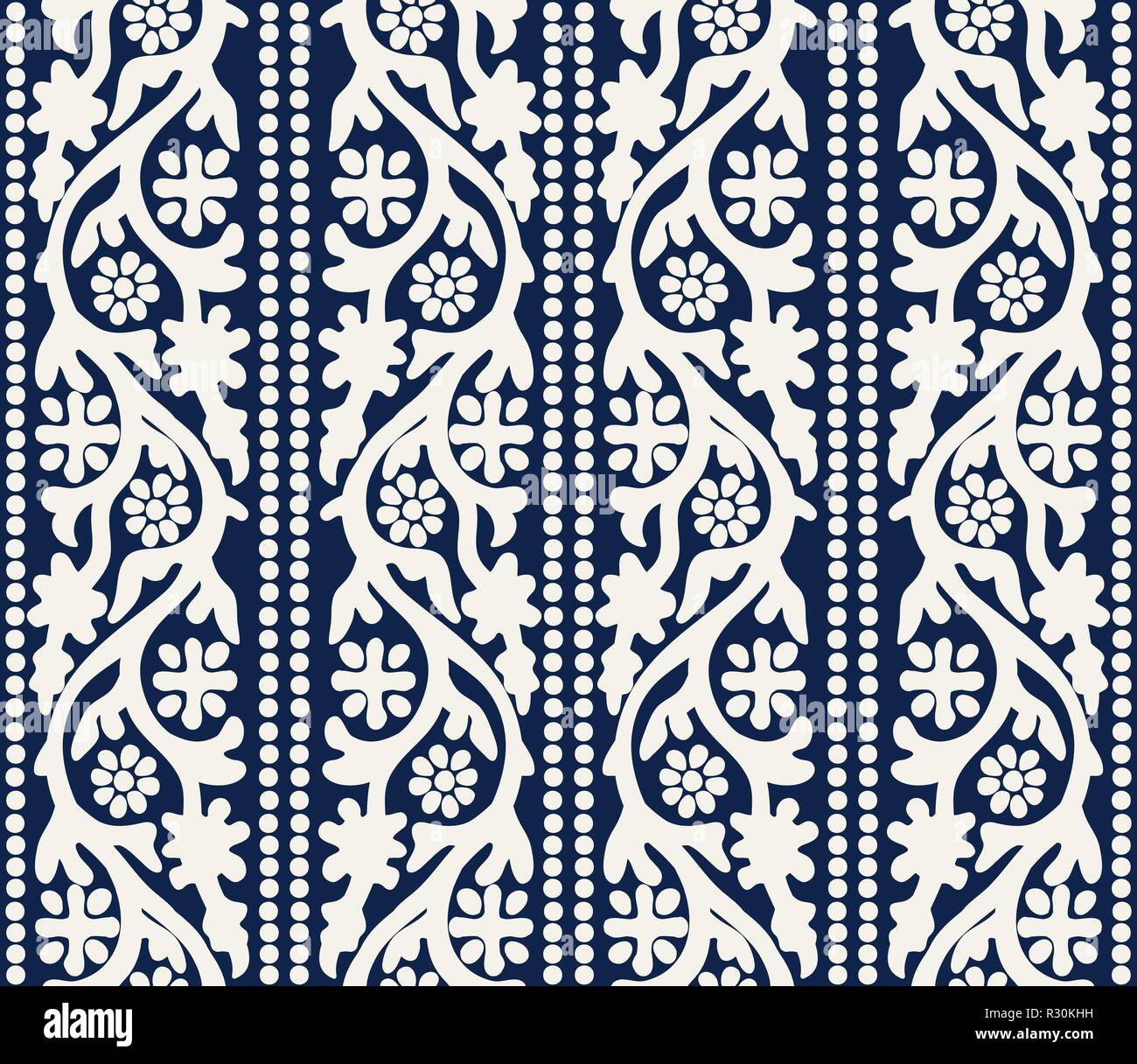 Woodblock printed indigo dye seamless ethnic floral pattern. Traditional oriental ornament of India Kashmir, flowers vertical waves and dots, ecru Stock Vector