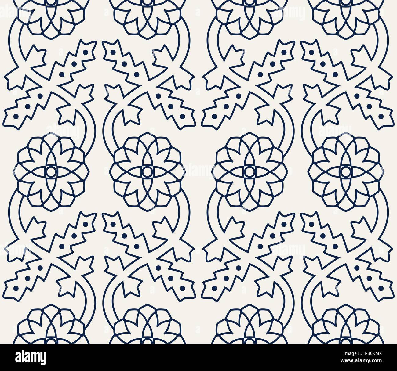 Woodblock printed indigo dye seamless ethnic floral border. Traditional oriental ornament of India Kashmir, geometric flowers ogee motif, navy on blue Stock Vector