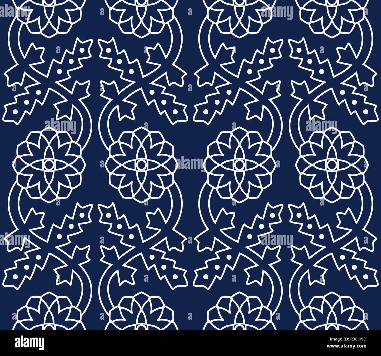 Woodblock printed indigo dye seamless ethnic floral border. Traditional oriental ornament of India Kashmir, geometric flowers ogee motif, ecru on navy Stock Vector