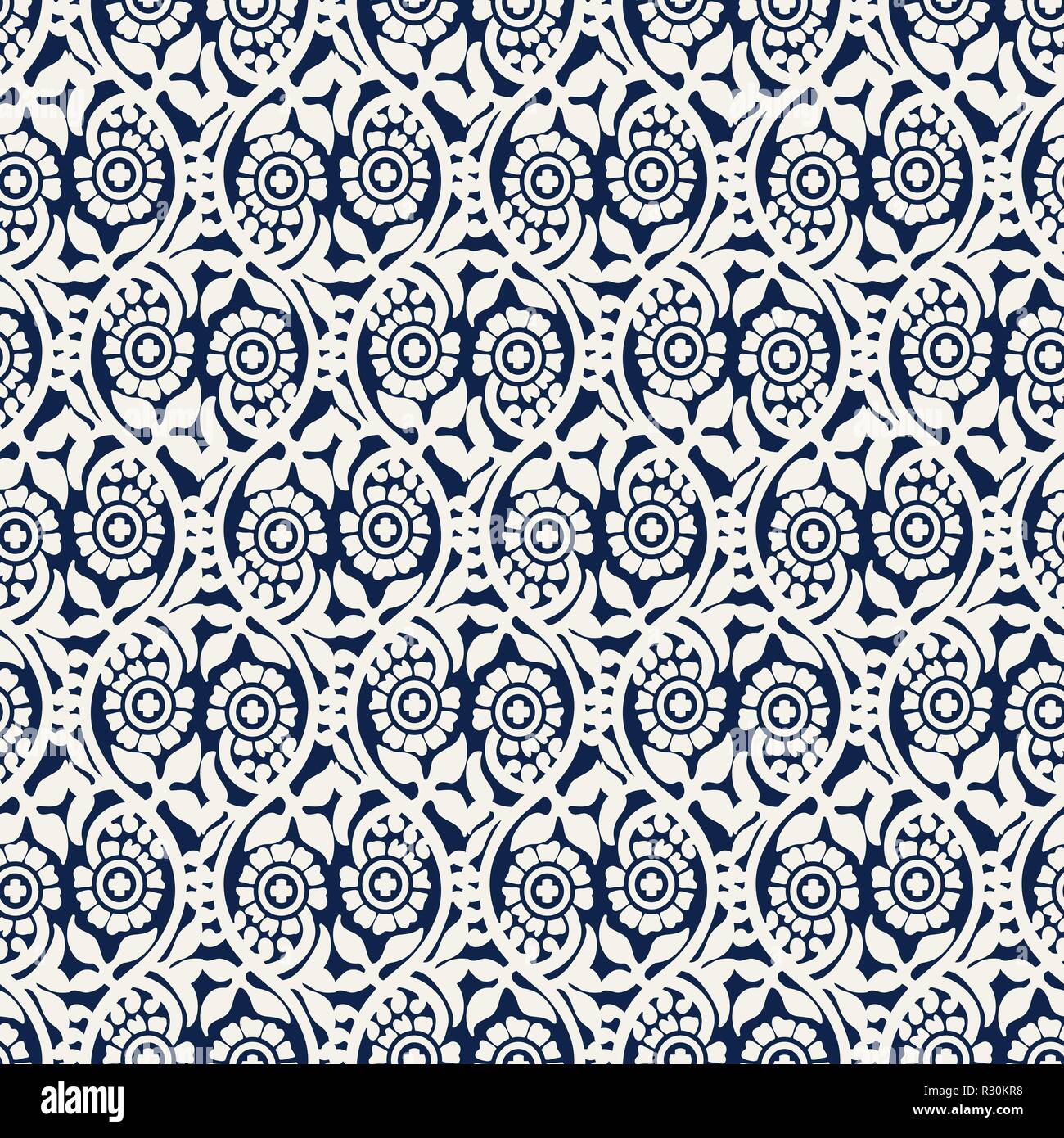 Woodblock printed seamless indigo dye ethnic floral pattern. Traditional oriental ornament of India, ogee motif with flowers, ecru on navy blue Stock Vector