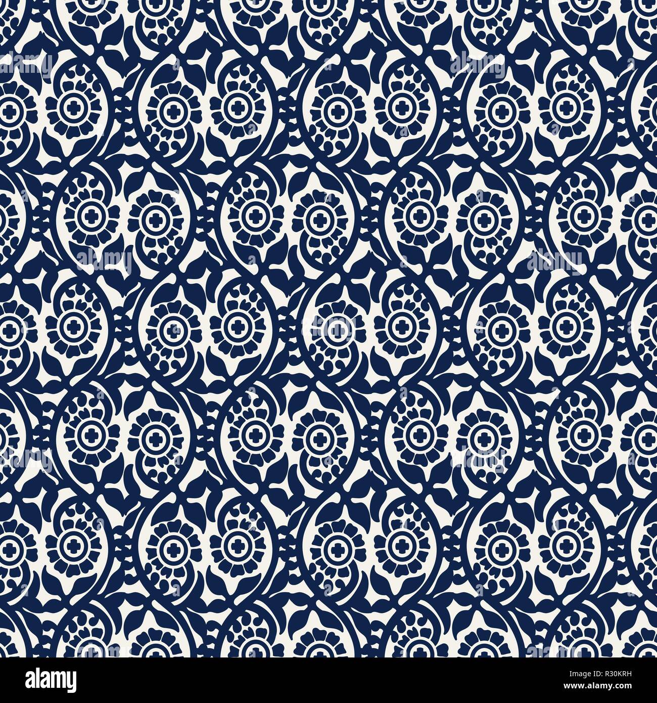 Woodblock printed seamless indigo dye ethnic floral pattern. Traditional oriental ornament of India, ogee motif with flowers, navy blue on ecru Stock Vector