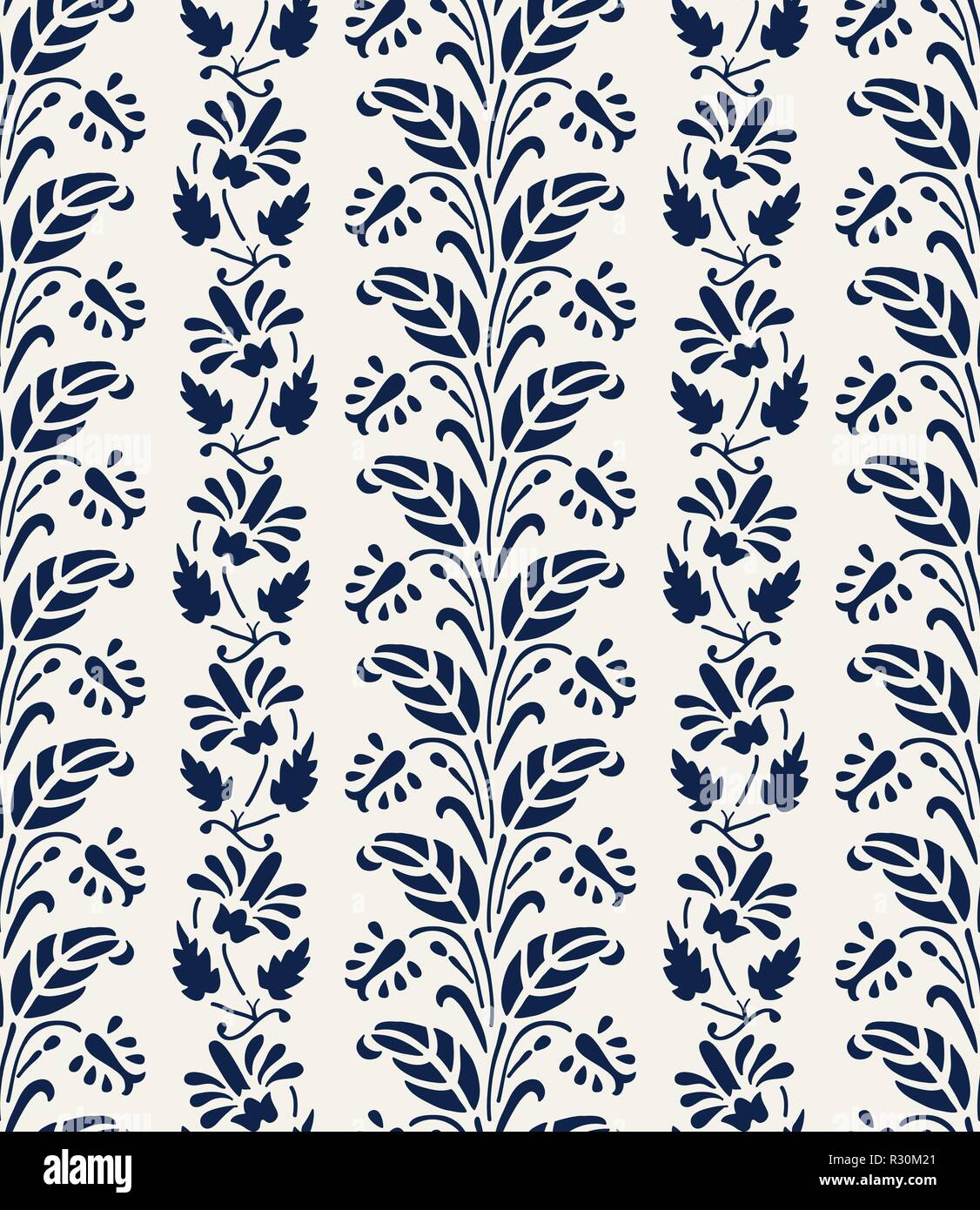 Woodblock printed indigo dye seamless ethnic floral pattern. Traditional oriental ornament of India, flower garland motif in vertical stripes, navy Stock Vector