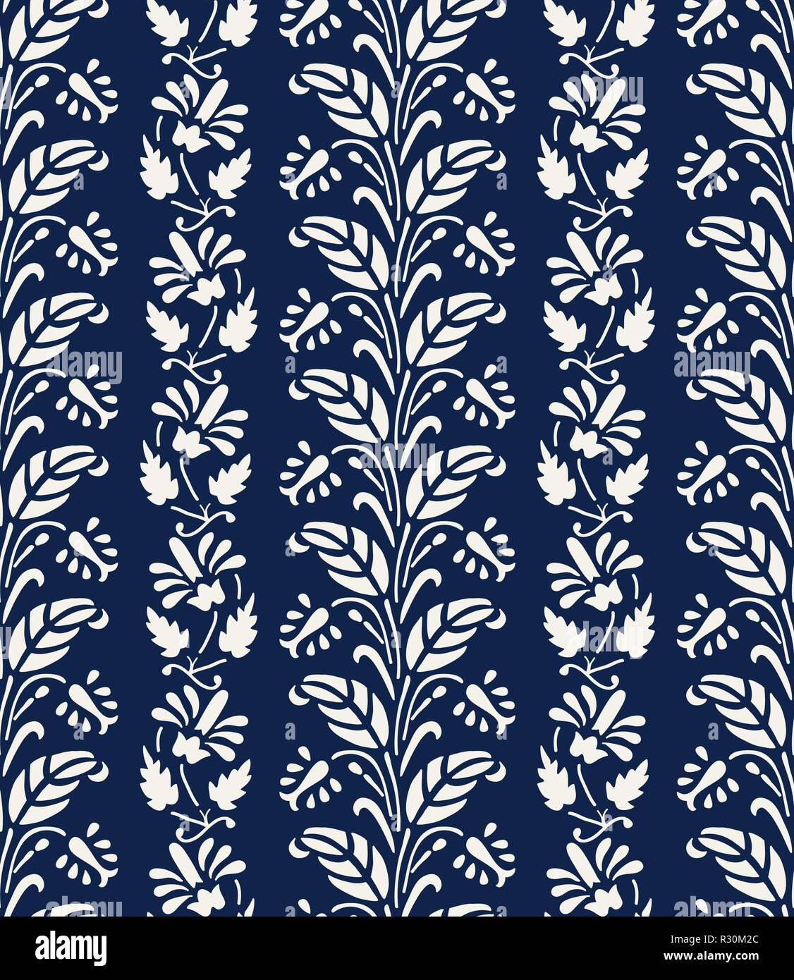 Woodblock printed indigo dye seamless ethnic floral pattern. Traditional oriental ornament of India, flower garland motif in vertical stripes, ecru Stock Vector