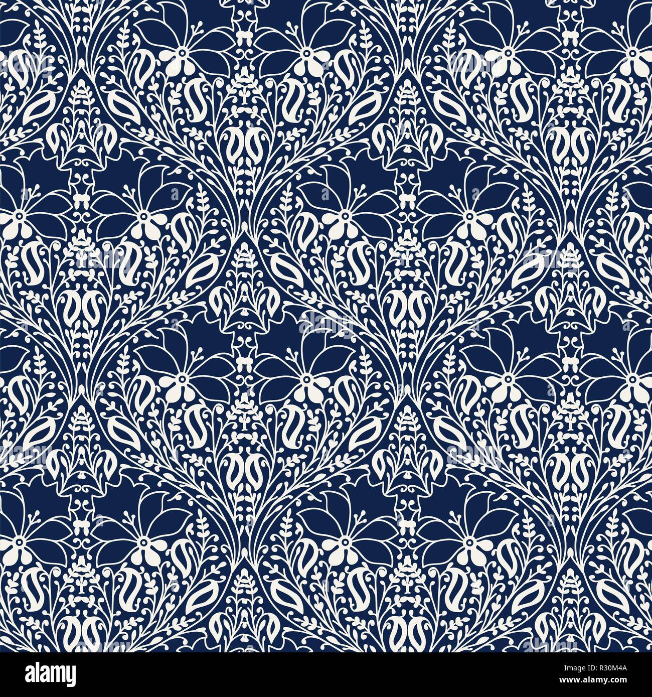 Indigo dye woodblock printed seamless ethnic floral pattern. Traditional oriental ornament of India, damask of flowers and leaves, ecru on navy blue Stock Vector