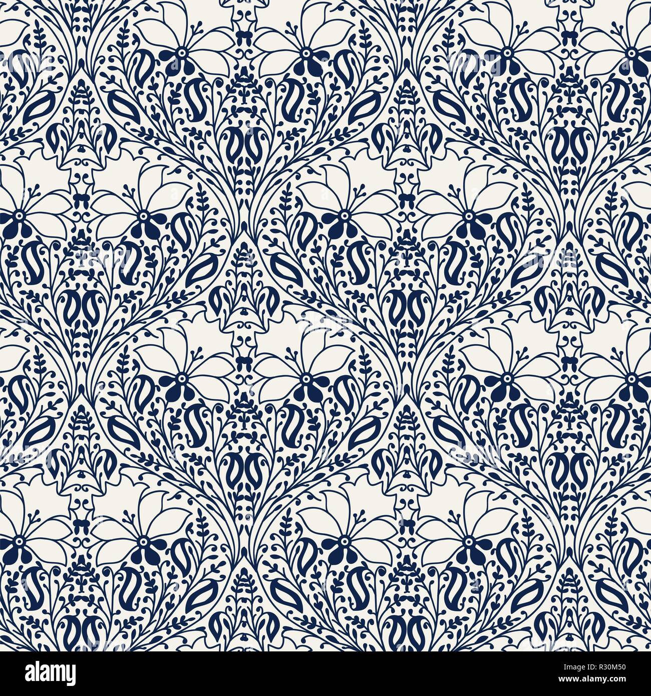 Indigo dye woodblock printed seamless ethnic floral pattern. Traditional oriental ornament of India, damask of flowers and leaves, navy blue on ecru Stock Vector