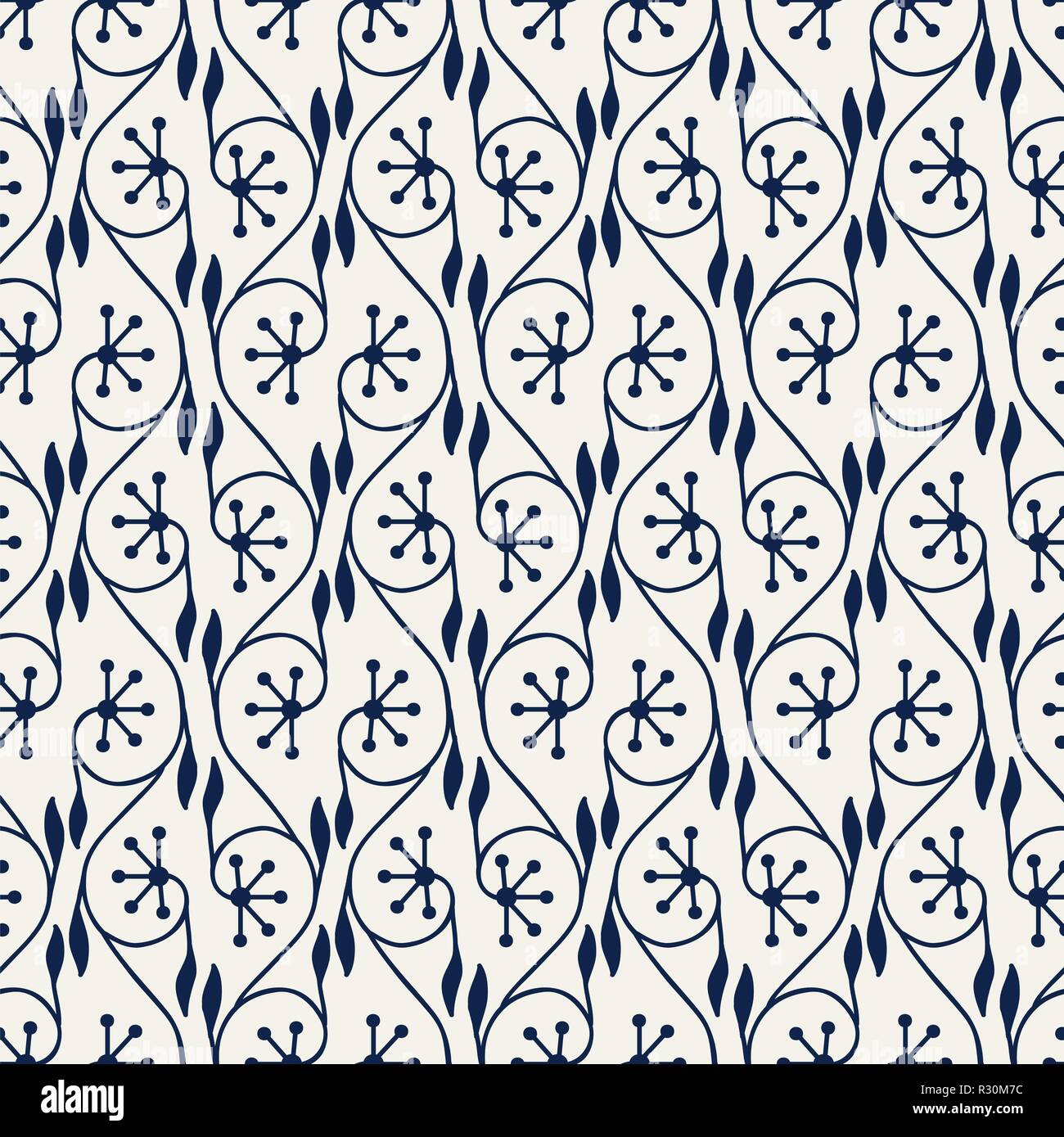 Seamless woodblock printed indigo dye ethnic floral pattern. Traditional oriental ornament of North India, vertical flower garland motif, navy blue Stock Vector