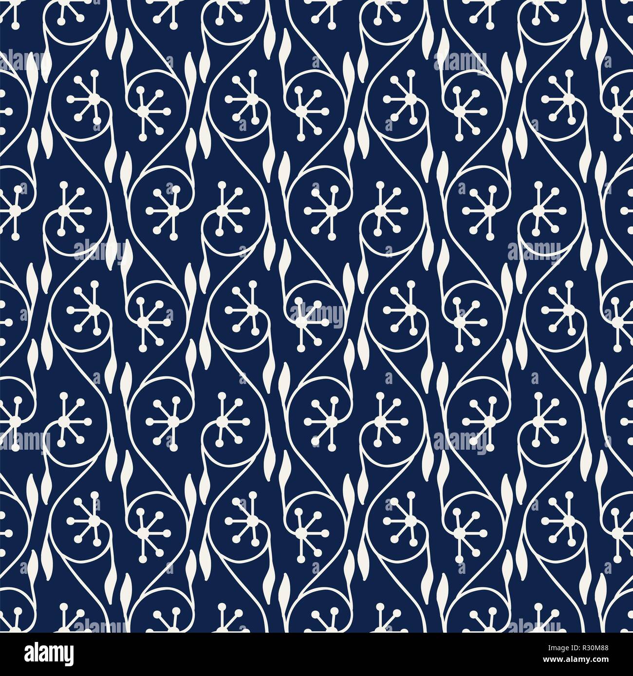 Seamless woodblock printed indigo dye ethnic floral pattern. Traditional oriental ornament of North India, vertical flower garland motif, ecru Stock Vector