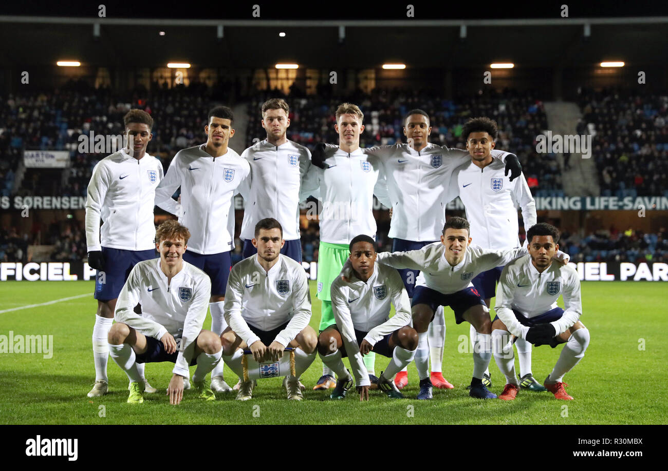 England U21 team photo during the international friendly match at the Blue Water Arena, Esbjerg. PRESS ASSOCIATION Photo. Picture date: Tuesday November 20, 2018. See PA story SOCCER Denmark U21. Photo credit should read: Simon Cooper/PA Wire. Stock Photo