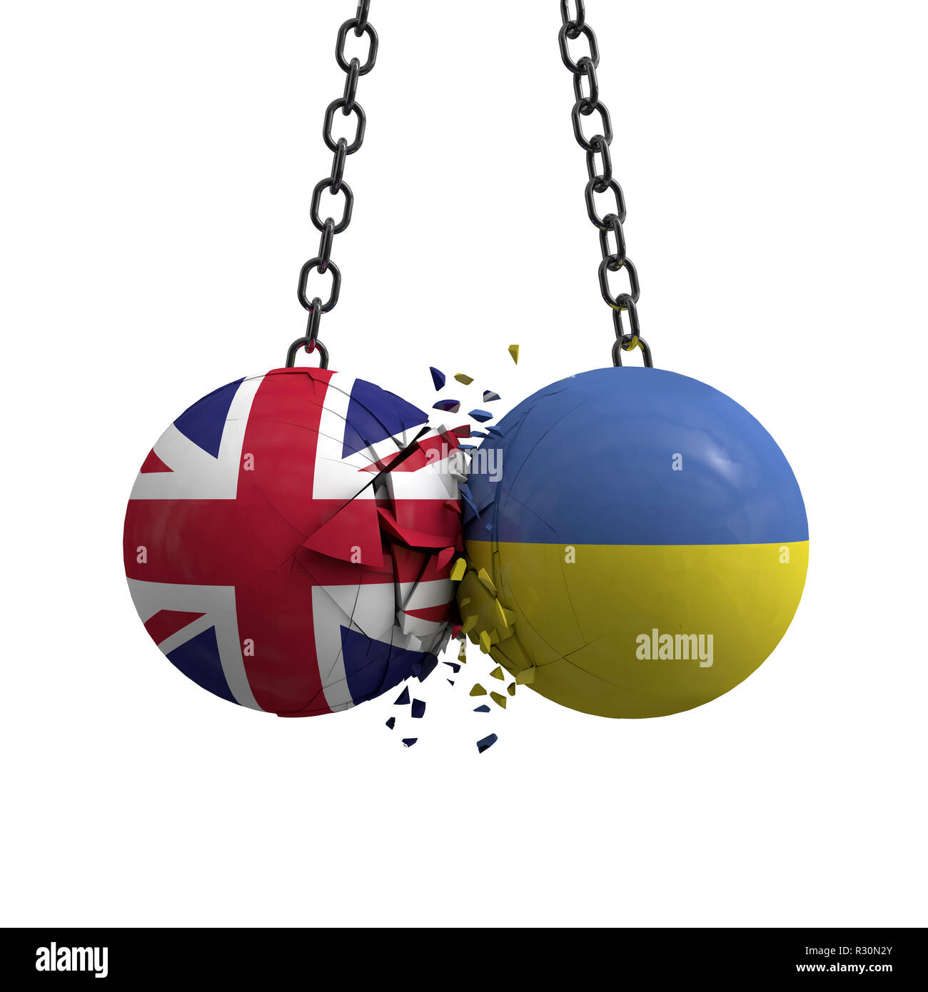 United Kingdom and Ukraine flag political balls smash into each other. 3D Rendering Stock Photo