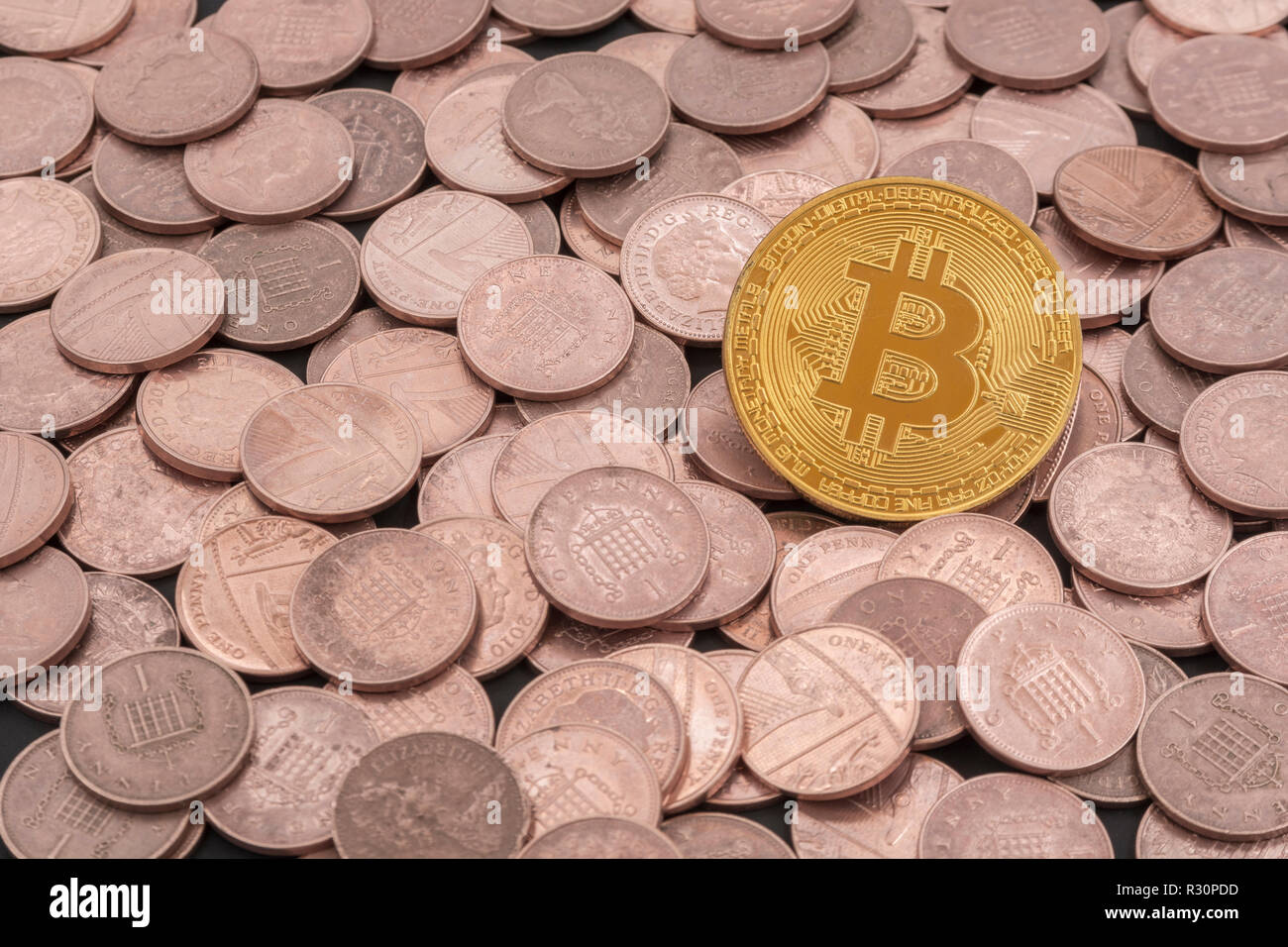 Concept picture for 2018 Bitcoin price collapse, cryptocurrency market crash, 2021 Bitcoin price crash, Bitcoin worth pennies. Stock Photo