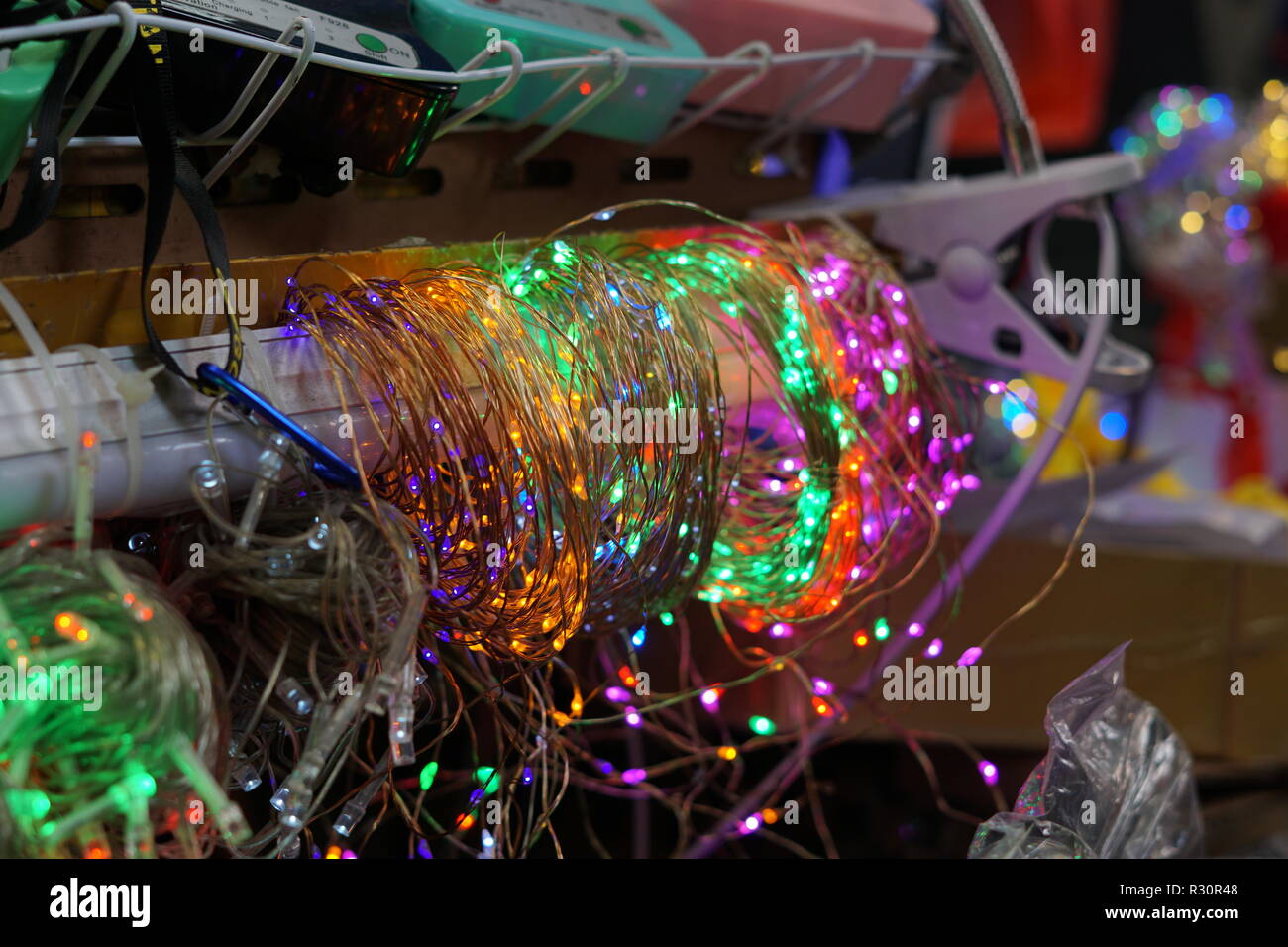 Colourful LED light strings for sale at a store in Hong Kong. Stock Photo