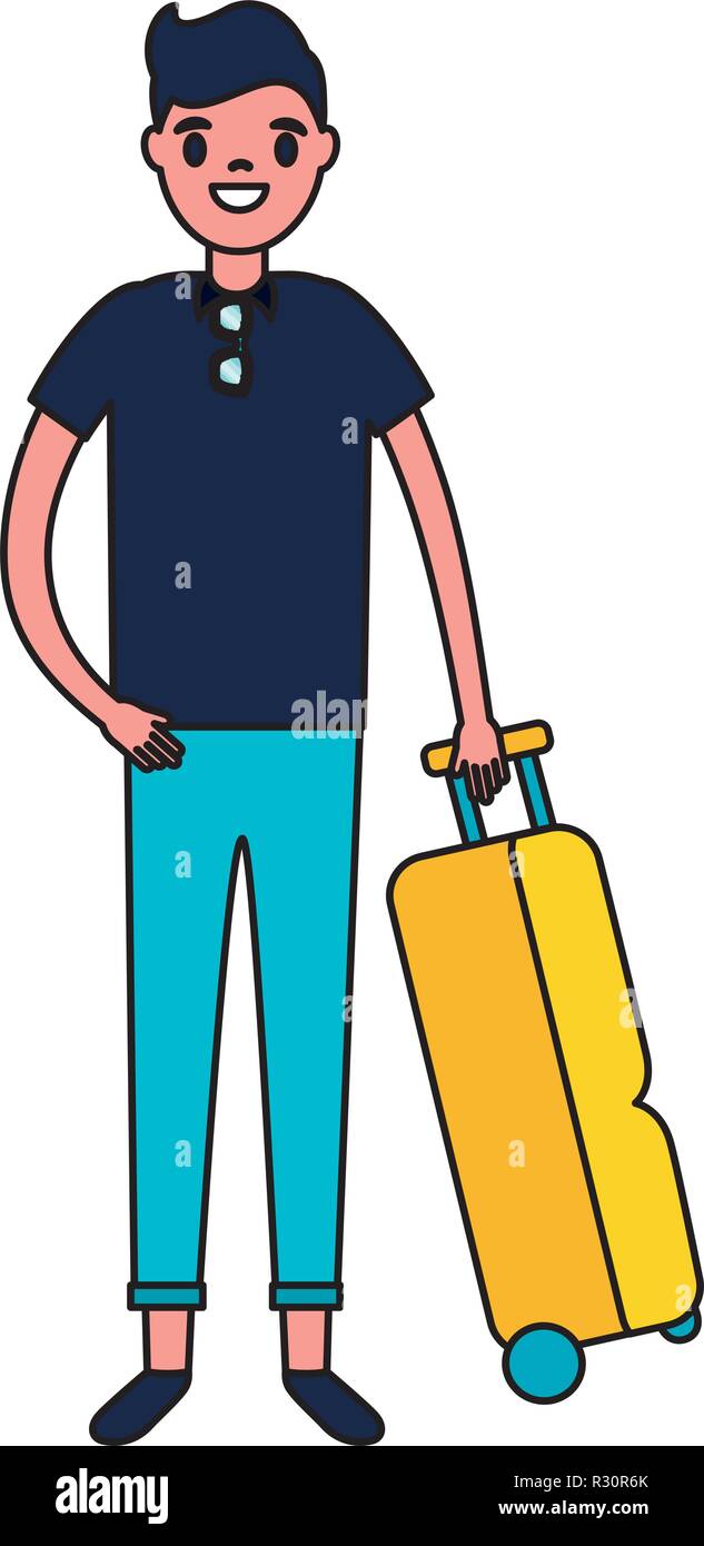 tourist man with travel suitcase vacations vector illustration Stock ...
