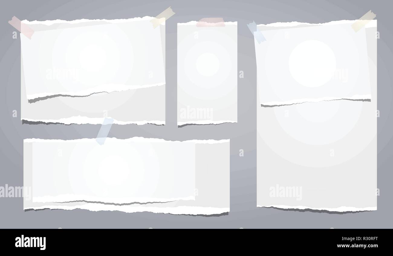 White ripped notebook paper, torn note paper strips stuck on grey ...