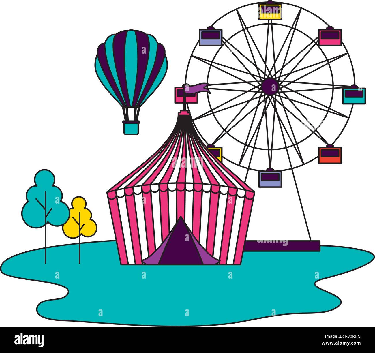 tent ferris wheel and hot air balloon circus fun fair vector ...