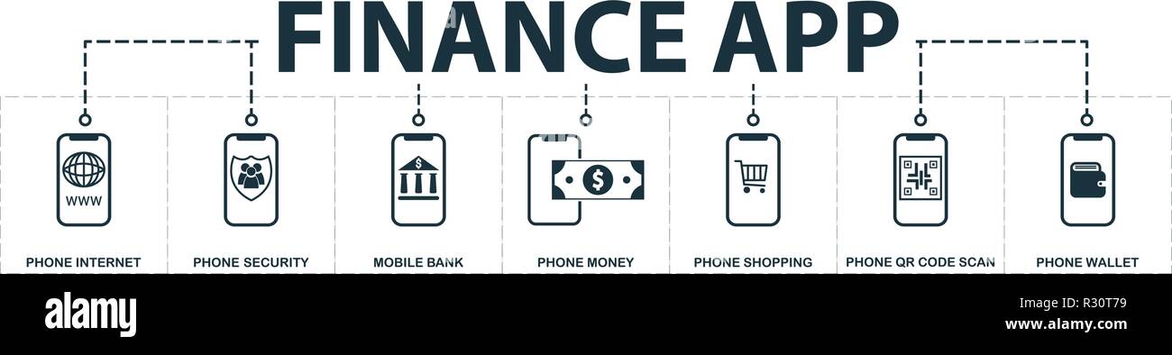 Finance App set icons collection. Includes simple elements such as Phone Internet, Phone Contacts Security, Mobile Bank, Phone Money, Shopping, Qr Cod Stock Vector