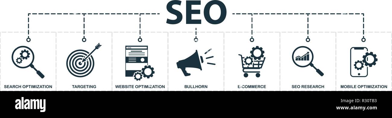 Seo set icons collection. Includes simple elements such as search optimization, keywords, bullhorn, e-commerce optimization, mobile optimization, seo, Stock Vector