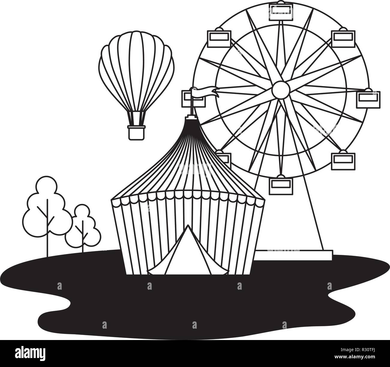 tent ferris wheel and hot air balloon circus fun fair vector ...