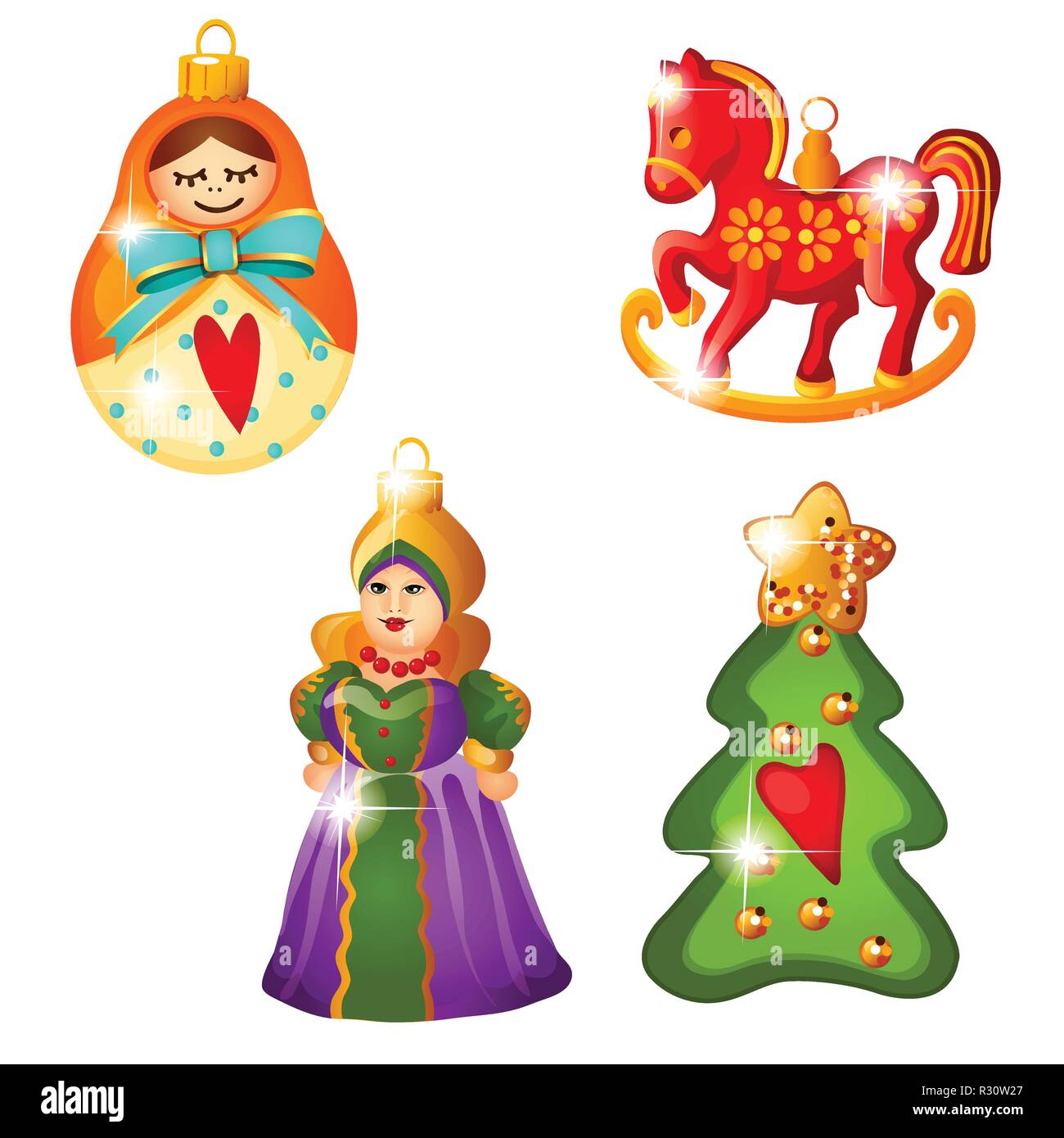 Sketch with Christmas tree decoration in Russian folk style isolated on white background. Colorful festive glass baubles. Template of poster, invitation, card. Vector cartoon close-up illustration. Stock Vector