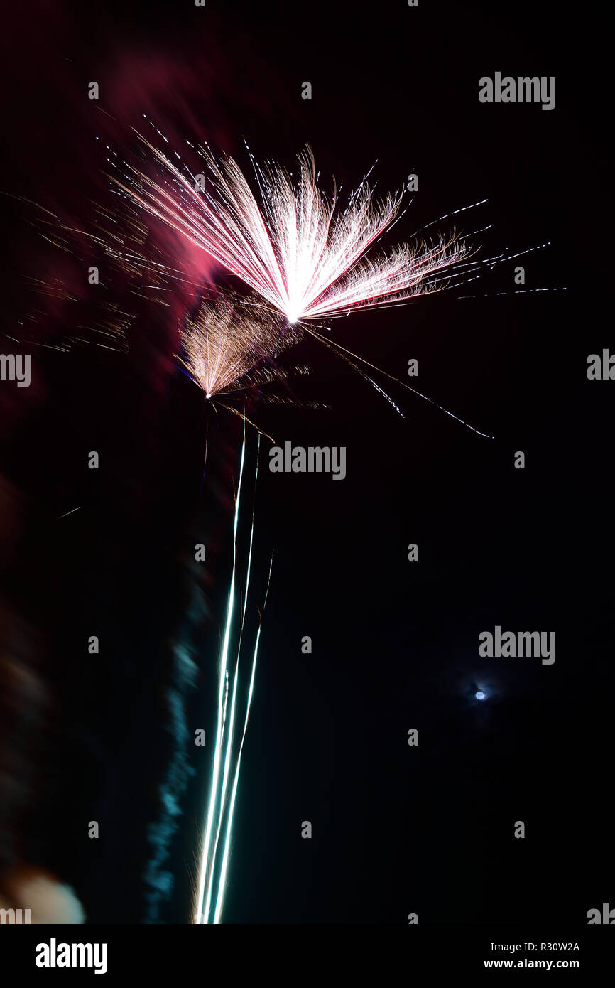Long exposure of fireworks exploding in the sky at night Stock Photo ...