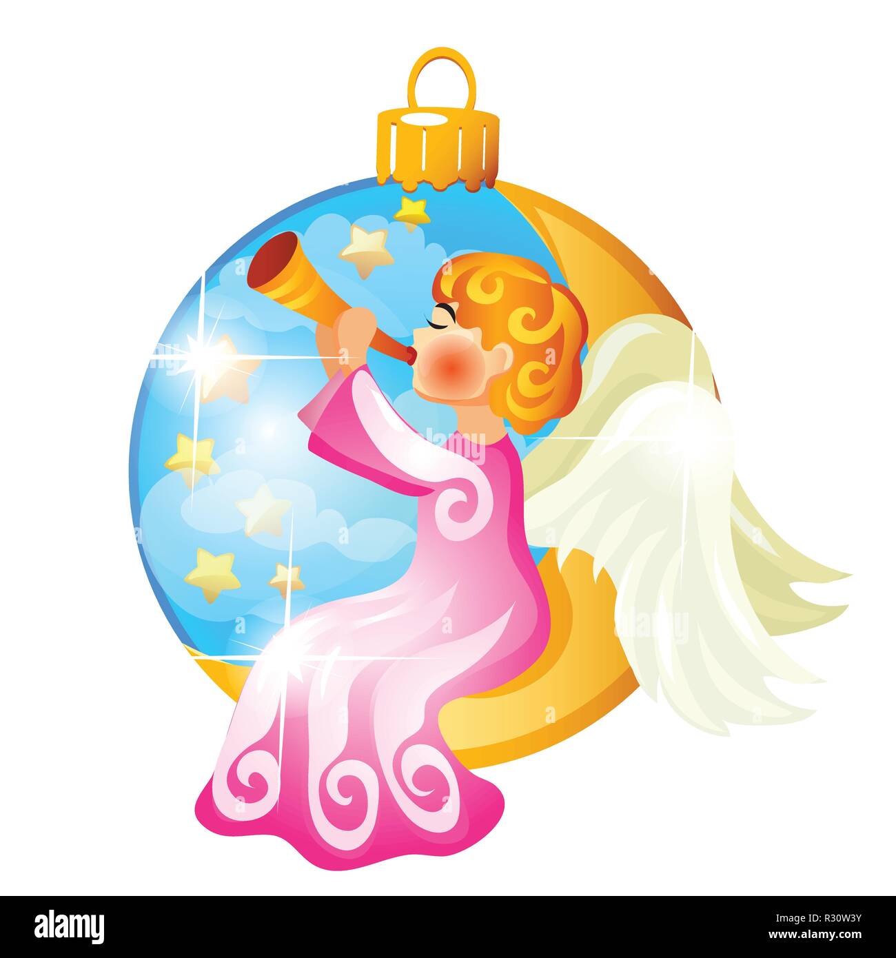 Sketch with Christmas tree decoration in the form of angel, playing the flute, isolated on white background. Colorful festive bauble. Template of poster, invitation, card. Vector cartoon close-up. Stock Vector