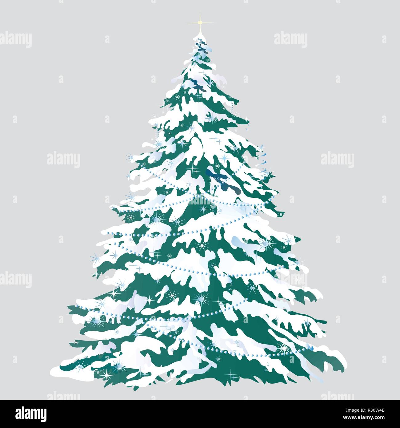 Christmas tree with snow-covered branches isolated on gray background. Sketch for greeting card, festive poster or party invitations. Attributes of Christmas and New year. Vector cartoon close-up. Stock Vector