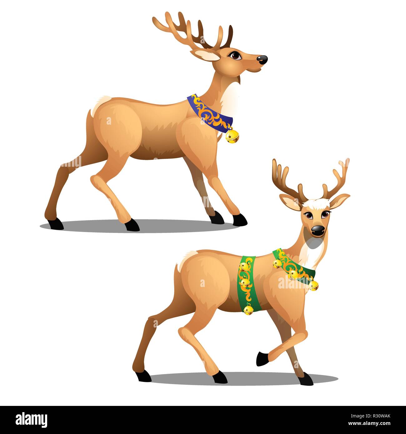 Set of animated Christmas deer with beautiful large horns, decorated collars and golden jingle bells isolated on white background. Vector cartoon close-up illustration. Stock Vector