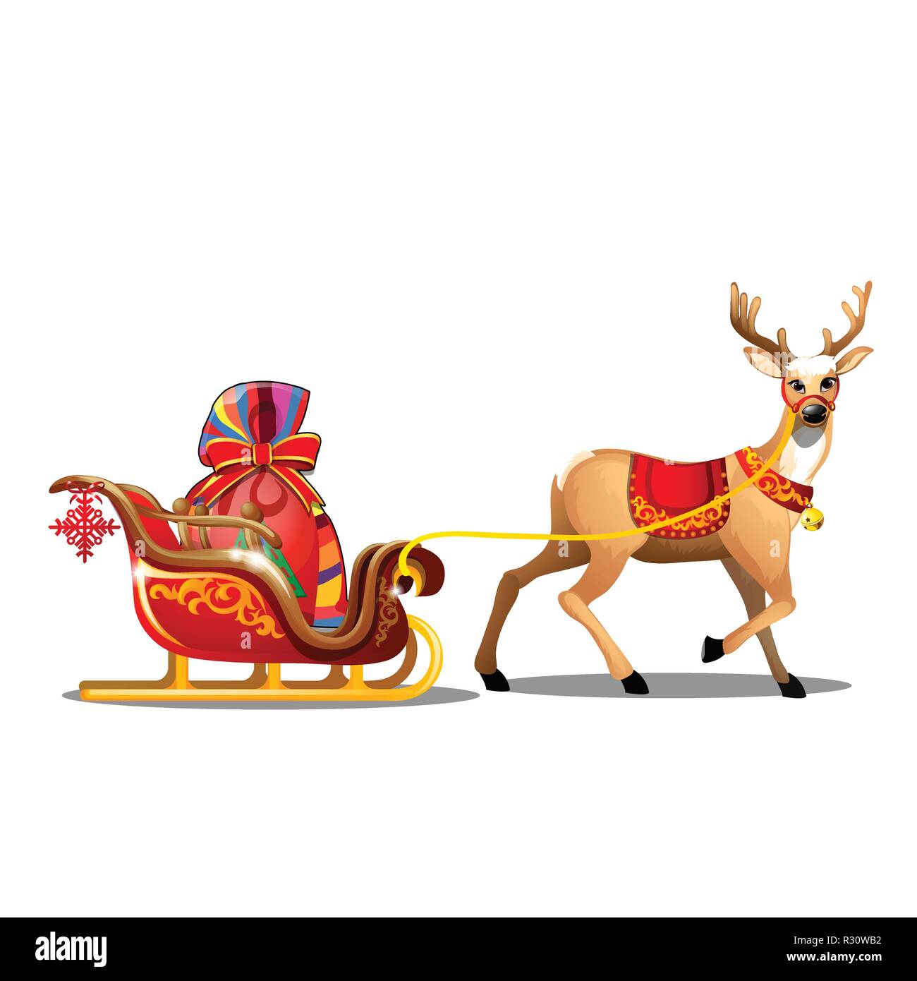 Christmas sketch with animated deer with red blanket and sleigh with bag of Santa Claus with gifts. Sample of Christmas poster, party invitation and other cards. Vector cartoon close-up illustration. Stock Vector