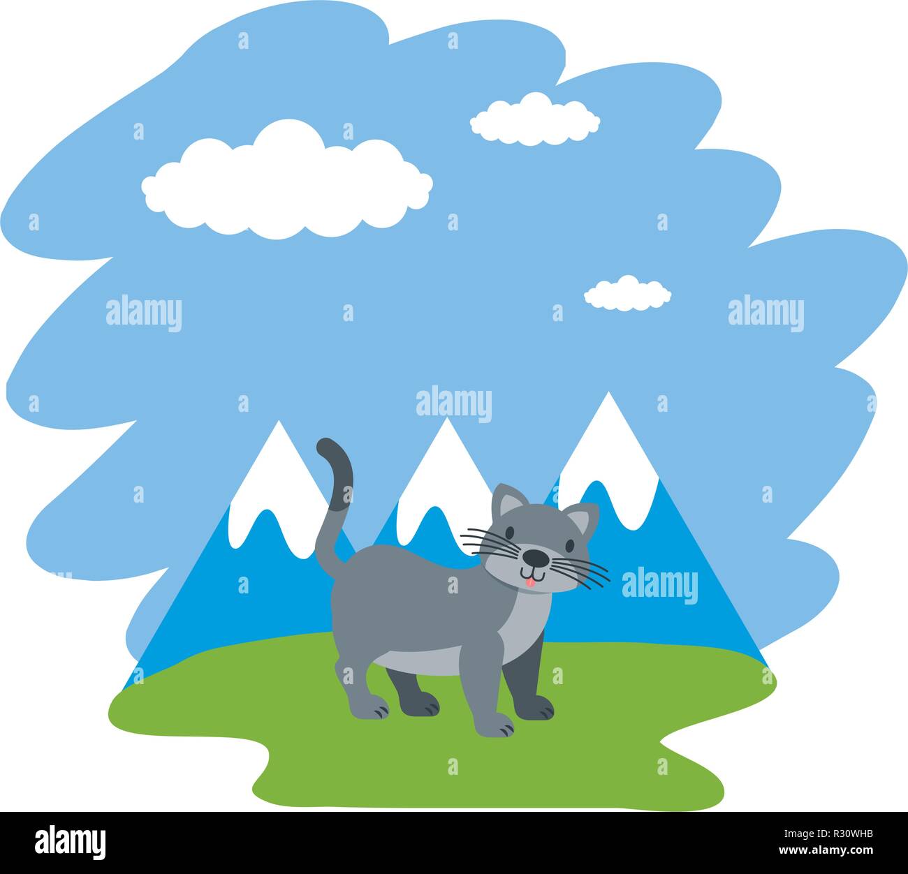 gray cat nature grass mountains landscape vector illustration Stock Vector