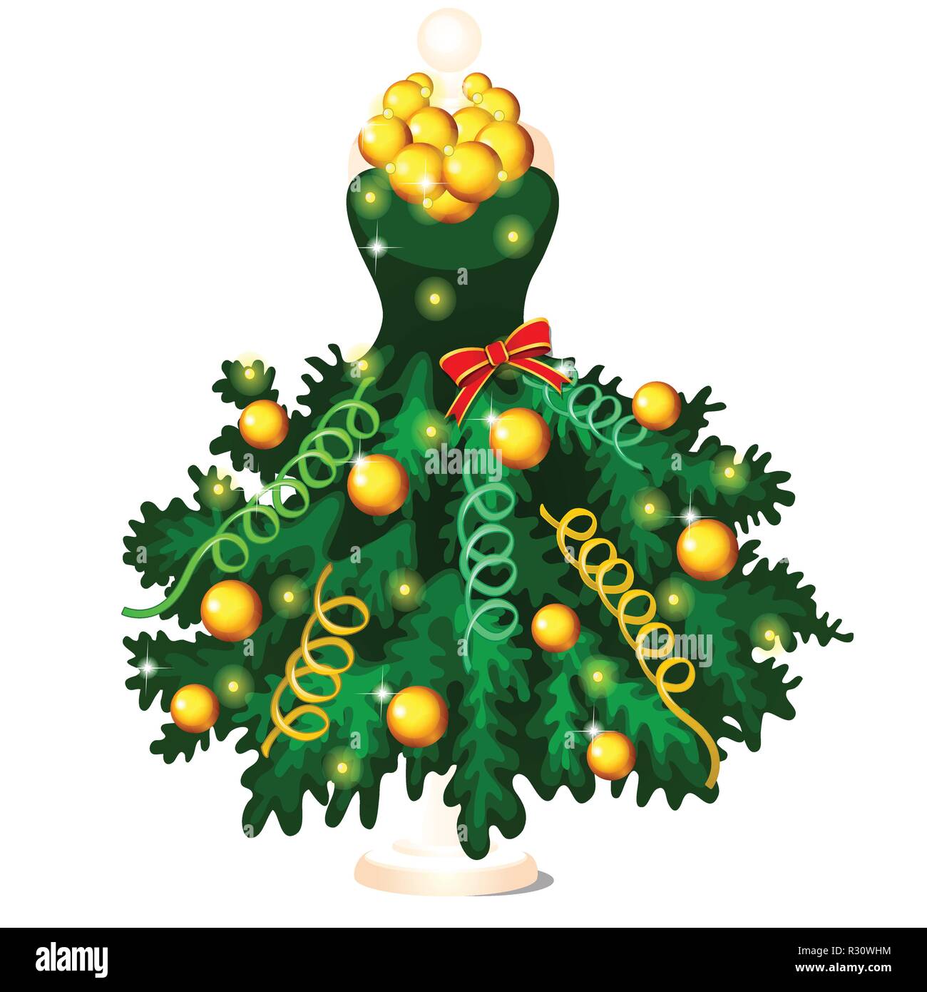 Green dress in style of Christmas and New year decorated with fir tree  branches with ornaments and baubles, hanging on a hanger, isolated on white  background. Vector cartoon close-up illustration Stock Vector