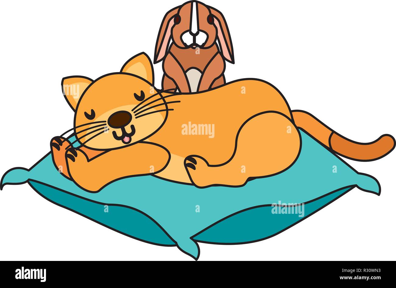 cat and rabbit pet on cushion vector illustration Stock Vector Image ...