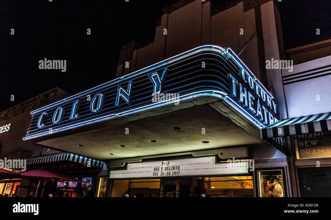 The Colony Theatre luminous entrance marquee, Lincoln Rd, Miami Beach, FL, USA. Stock Photo