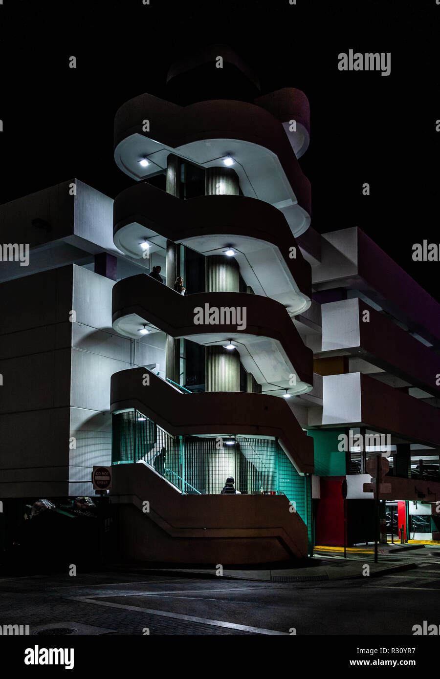 Night view of external flights of stairs, Miami Beach, Florida, USA. Stock Photo