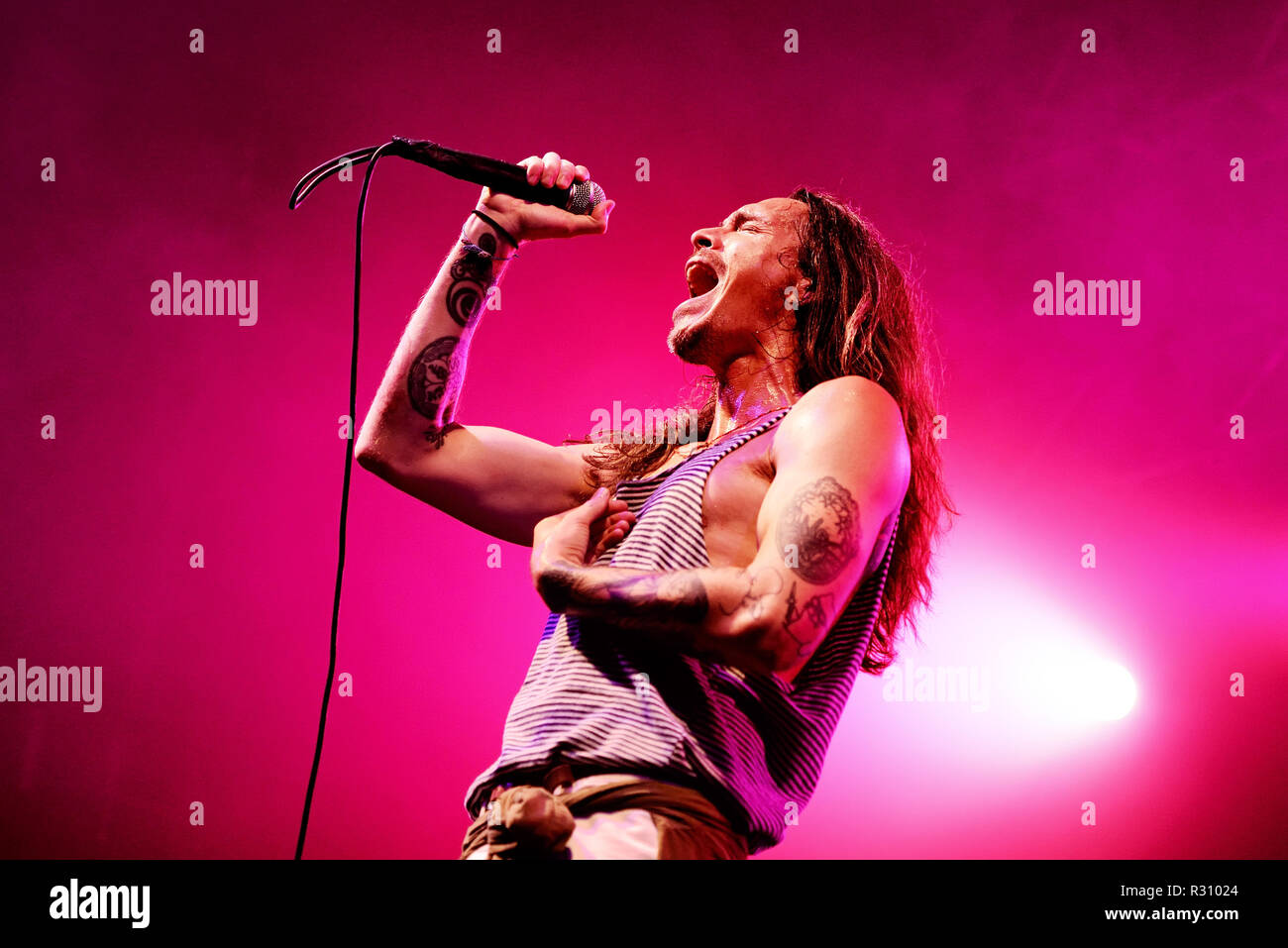 BARCELONA - AUG 26: Incubus (heavy metal rock band) perform in concert at Razzmatazz stage on August 26, 2018 in Barcelona, Spain. Stock Photo