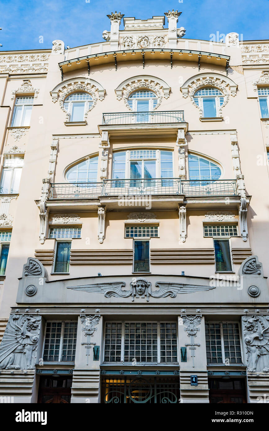 Art nouveau architecture in Riga - Alberta iela 4 - living house by Mikhail Eisenstein built in 1904. Riga, Latvia, Baltic states, Europe. Stock Photo