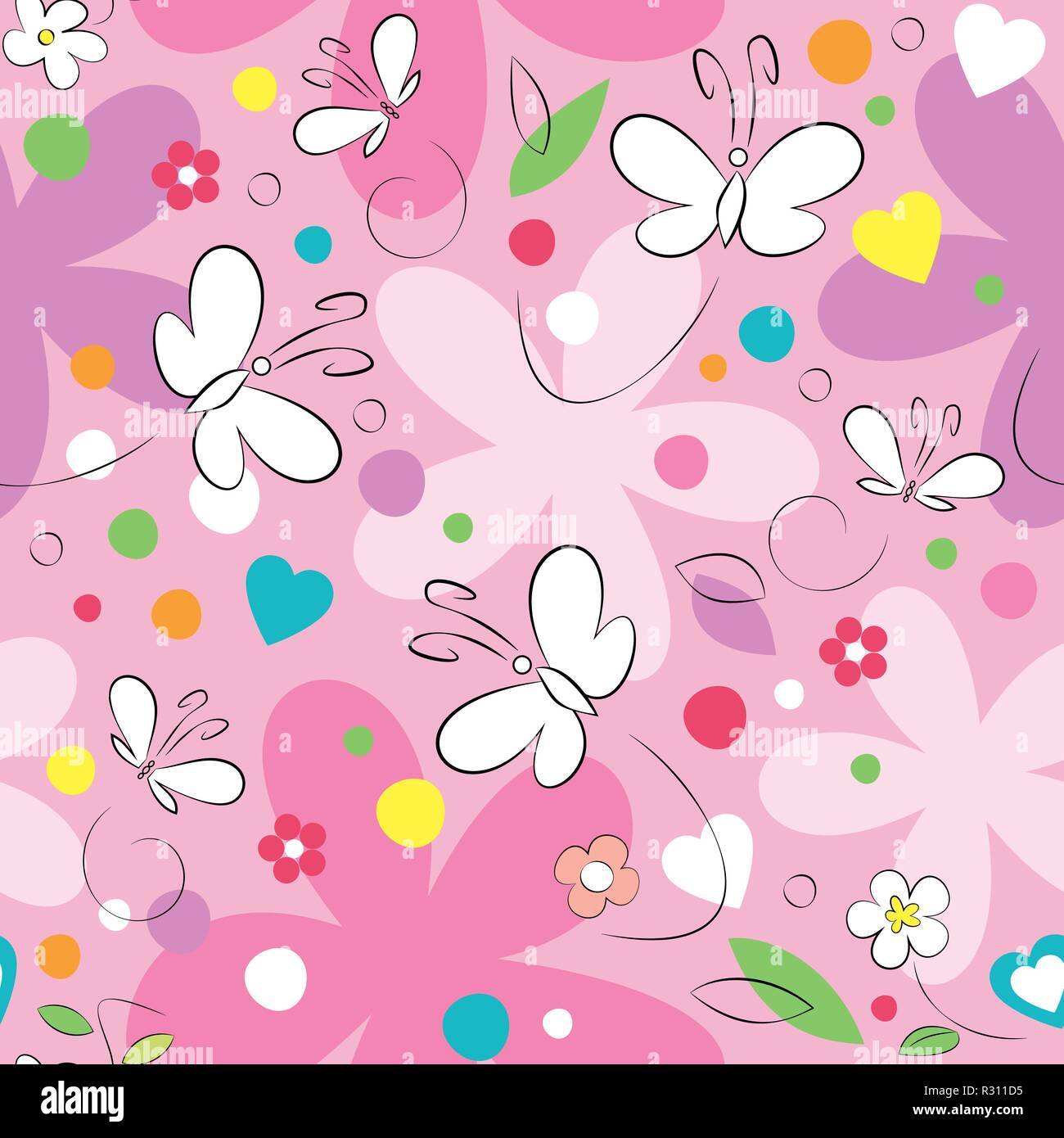 Pink, purple and white butterflies and flowers pattern on pink background Stock Vector