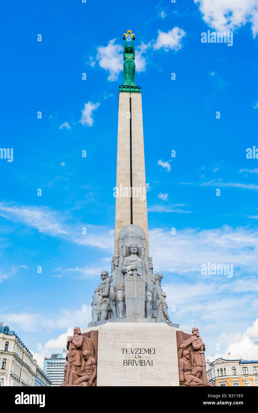 The Freedom Monument is a memorial honouring soldiers killed during the Latvian War of Independence (1918–1920). It is considered an important symbol  Stock Photo