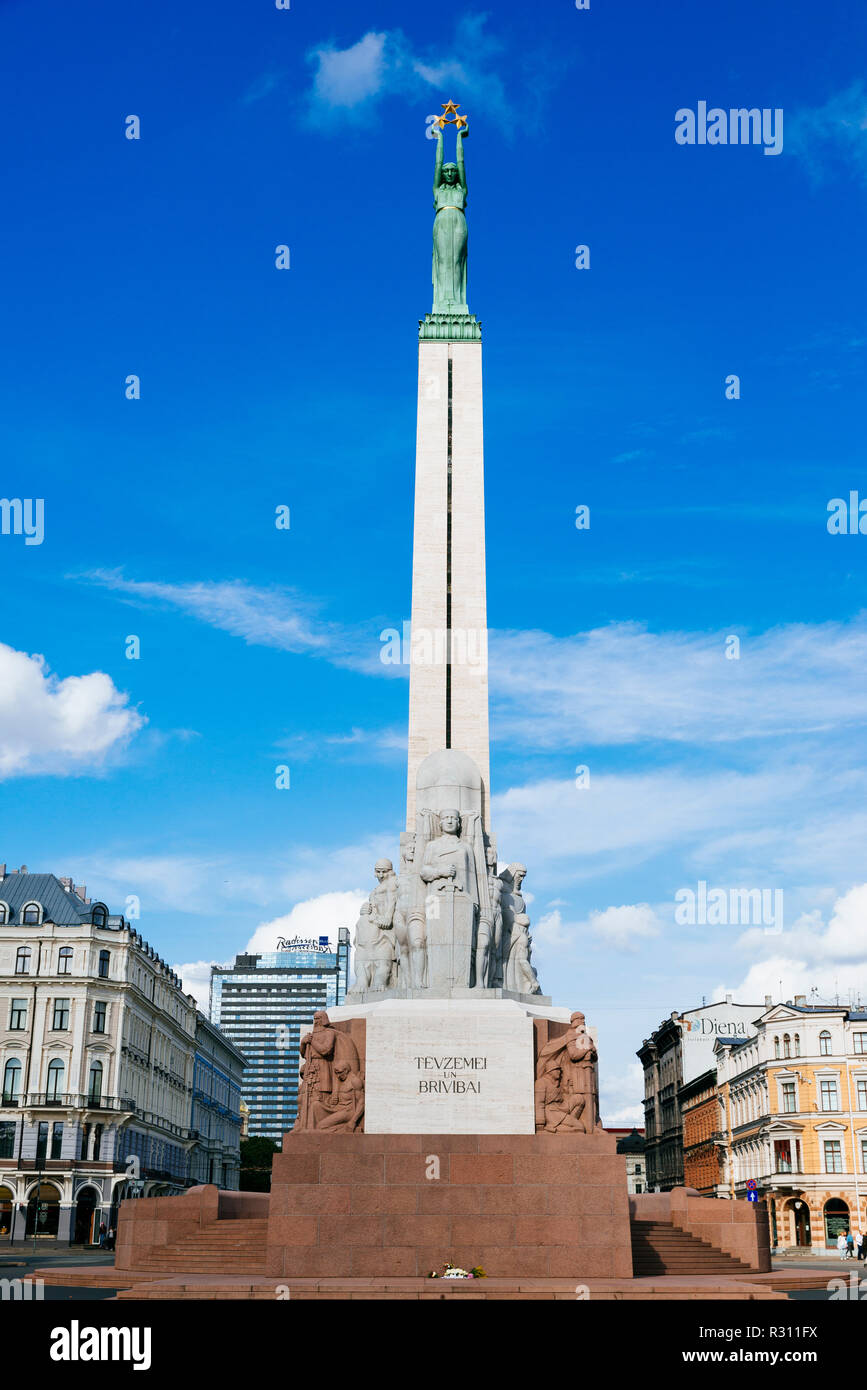 The Freedom Monument is a memorial honouring soldiers killed during the Latvian War of Independence (1918–1920). It is considered an important symbol  Stock Photo