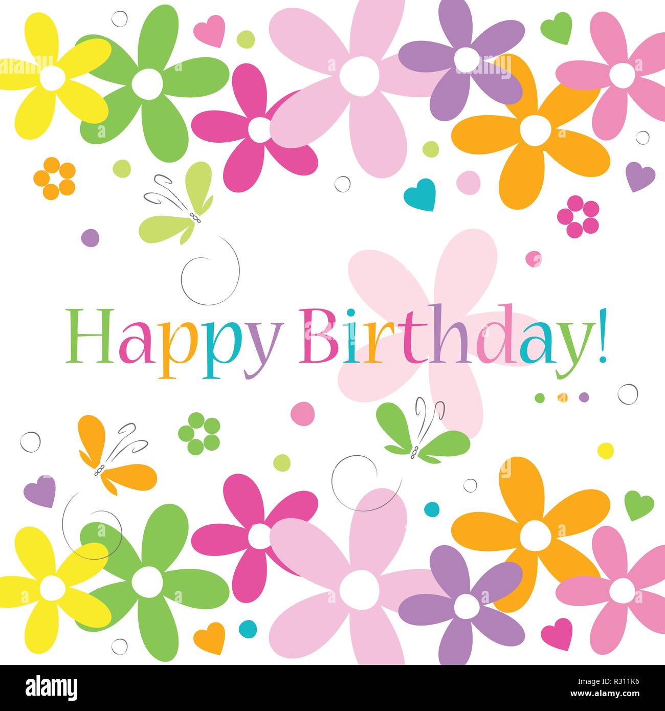 Hearts, flowers and butterflies happy birthday card on white background ...
