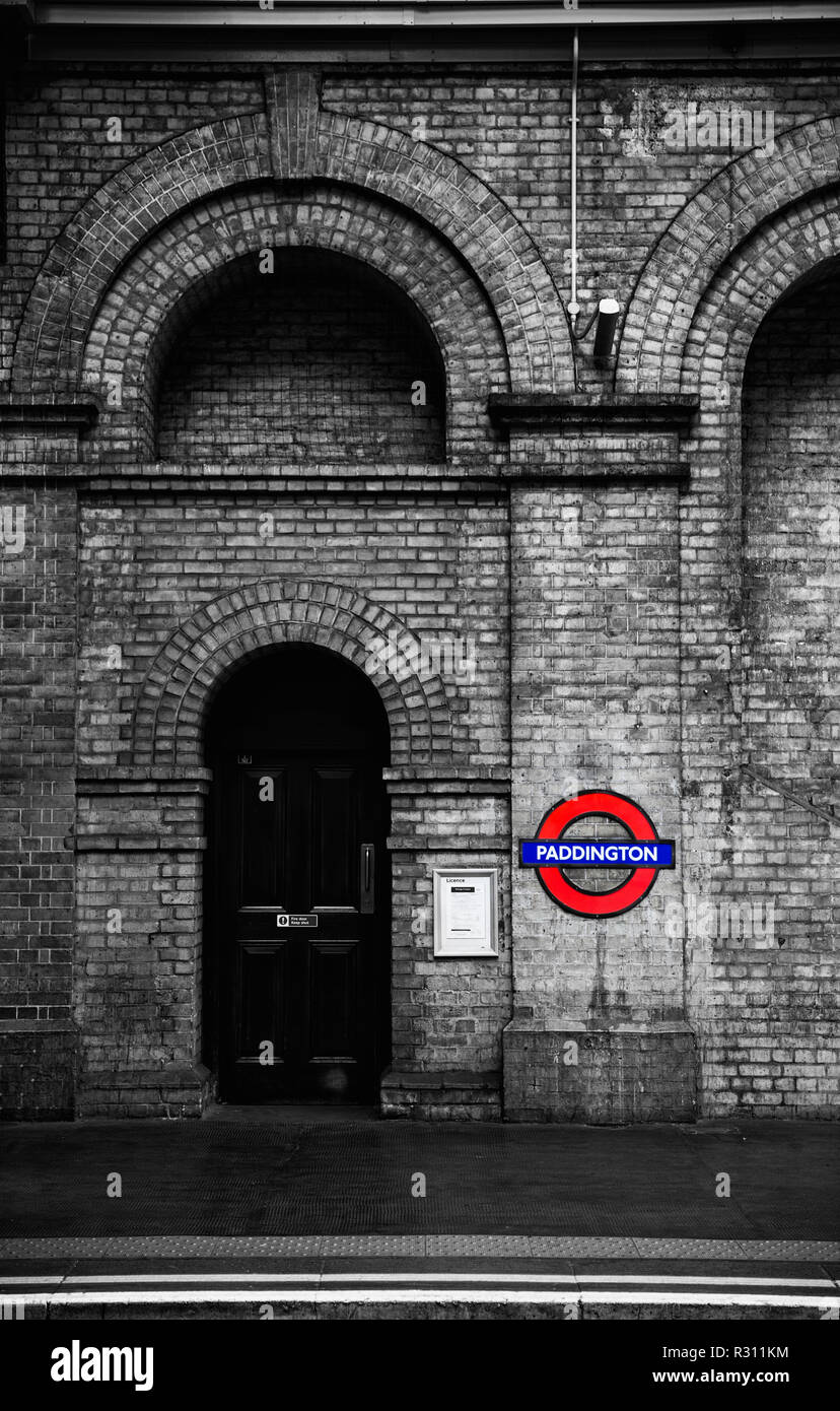 London Underground Paddington Station in black and white Stock Photo