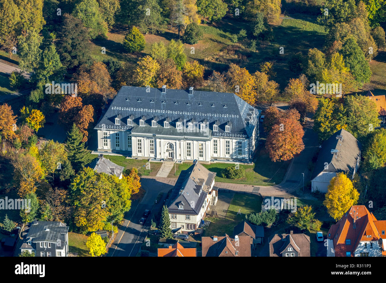 Aerial view, Aula Academica, Aulastrasse, Clausthal-Zellerfeld, Goslar district, Lower Saxony, Germany, Europe, DEU, birds-eyes view, aerial view, aer Stock Photo
