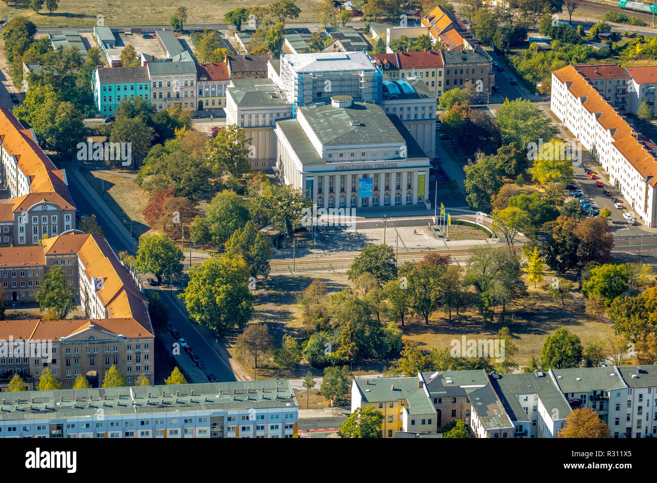 Aerial view, Anhaltisches Theater Dessau, Friedenspl Dessau, Goslar district, Saxony-Anhalt, Germany, Europe, Dessau, DEU, birds-eyes view, aerial vie Stock Photo