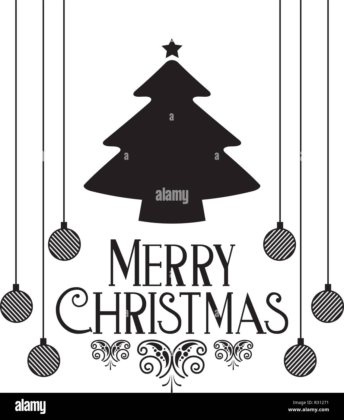 tree and balls hanging merry christmas decoration vector illustration ...